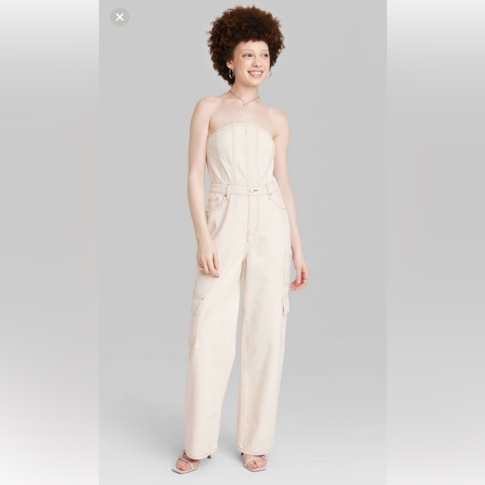 Wild Fable White Denim Strapless Wide Leg Cargo Jumpsuit Small Coastal Cowgirl